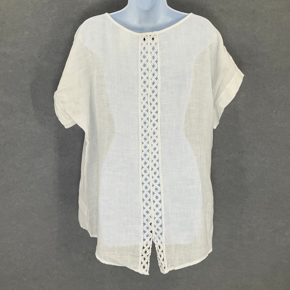 Terzo Millennio Italy 100% Linen‎ White Top Crochet Back Womens Sz L Sustainable - Picture 2 of 10